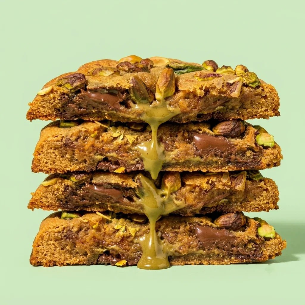 Cookie pistache artisanal coulis coulant pépites chocolat au lait