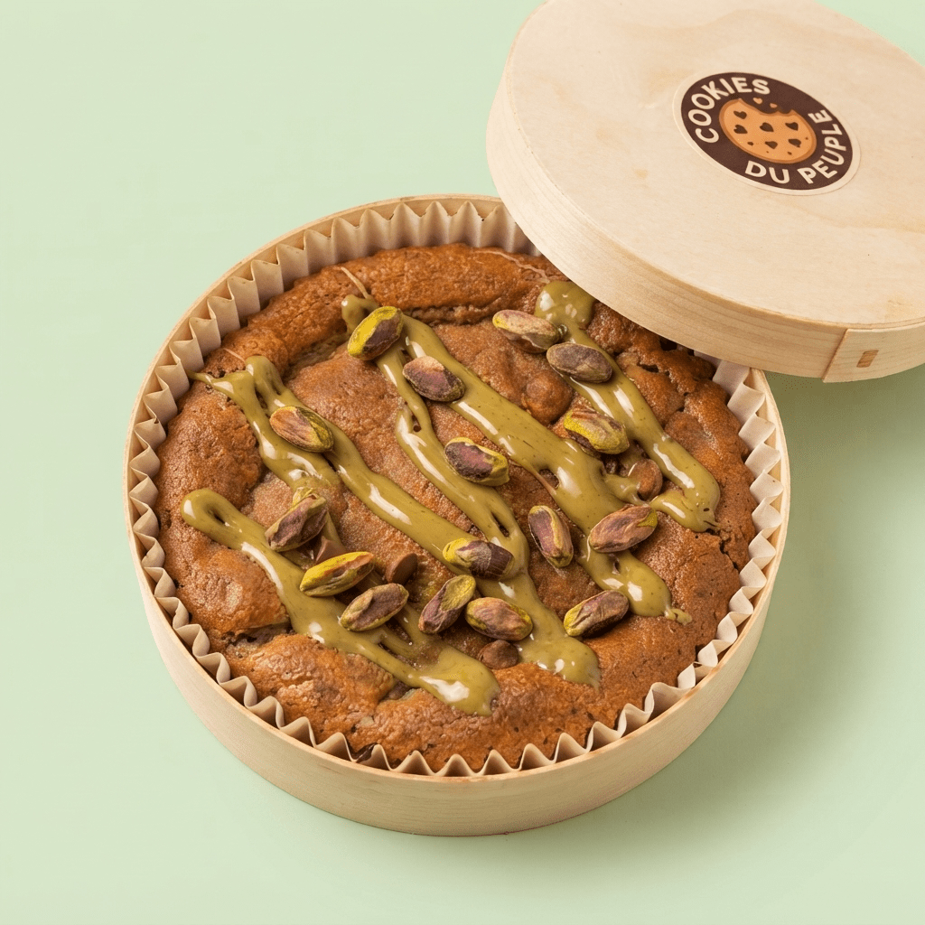 Maxi Cookie Pistache artisanal en pot bambou, garni d'éclats de pistaches